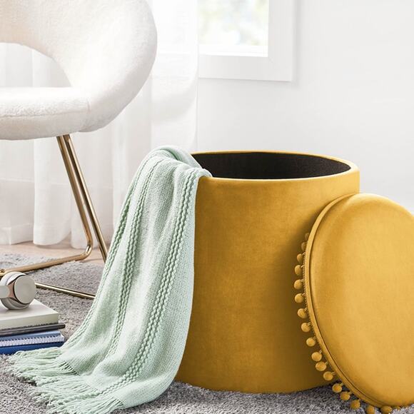 Accessories - Kvell Pom Pom 15" Kids Storage Ottoman, Velvet Upholstery, Mustard